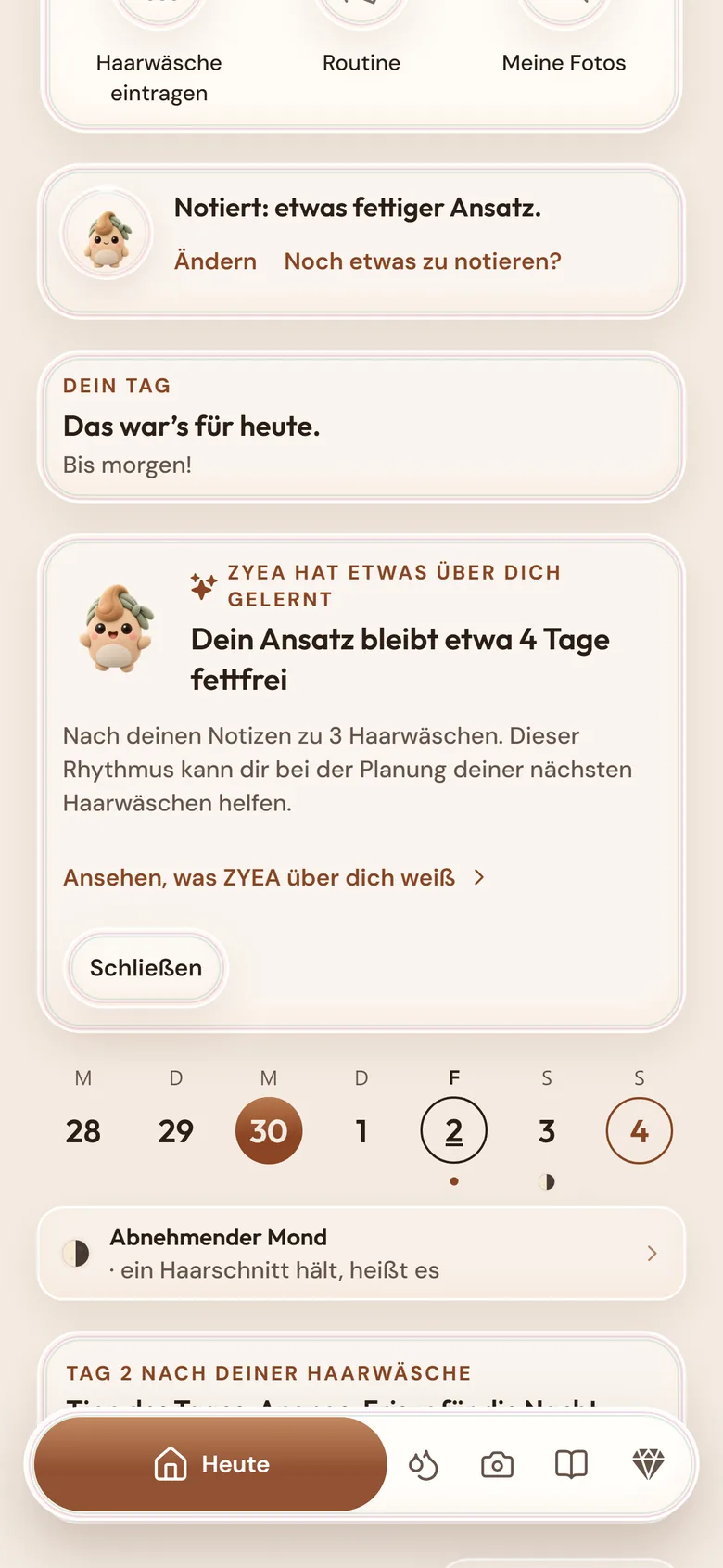 Eine Karte auf dem Heute-Bildschirm: ZYEA hat gelernt, dass dein Ansatz etwa 4 Tage frisch bleibt.
