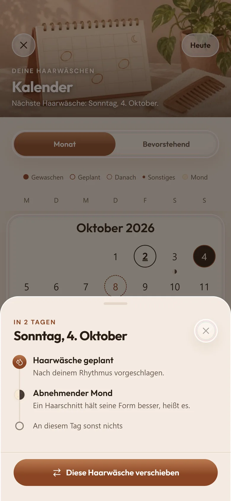 Der Oktoberkalender mit einer Haarwäsche am Sonntag, dem 4., passend zu deinem Rhythmus, sowie dem Mond des Tages.