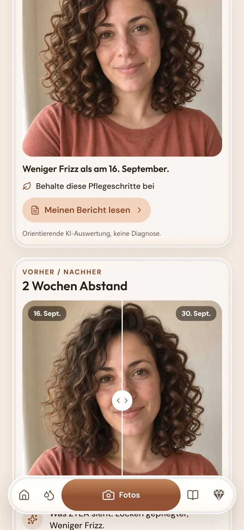 Der Fotos-Bildschirm: das Foto des Monats, die Schaltfläche Meinen Bericht lesen und zwei Fotos im Abstand von zwei Wochen.