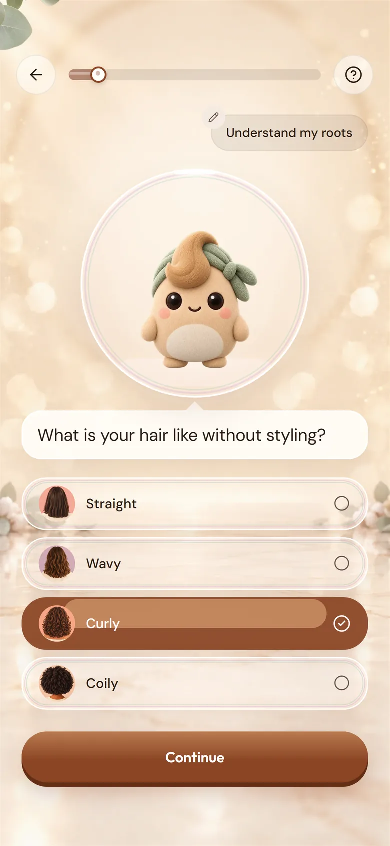 ZYEA’s welcome screen asks, “What is your hair like without styling?” with Straight, Wavy, Curly and Coily options.