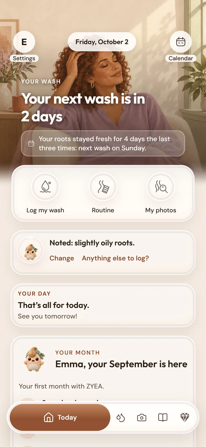 The Today screen: your next wash in 2 days, with Log my wash, Routine and My photos buttons.