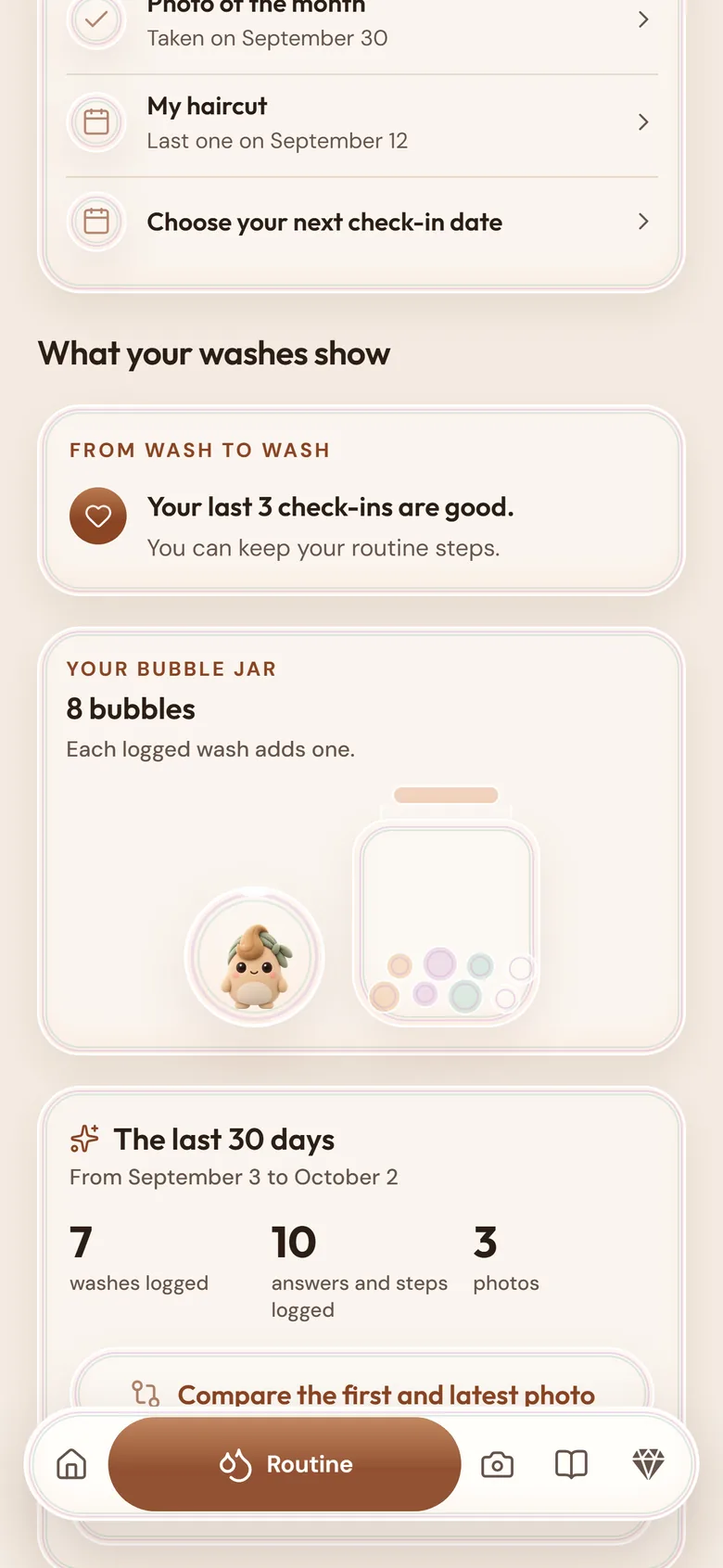 The Routine screen: what your washes show, your 8-bubble jar and your last 30 days.