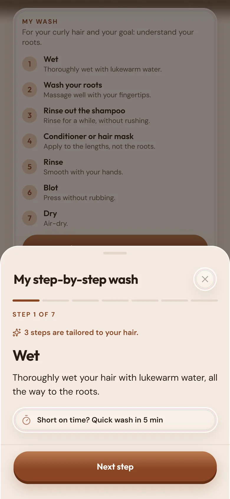 Guided wash, step 1 of 7: wet your hair, with a 5-minute express wash option.