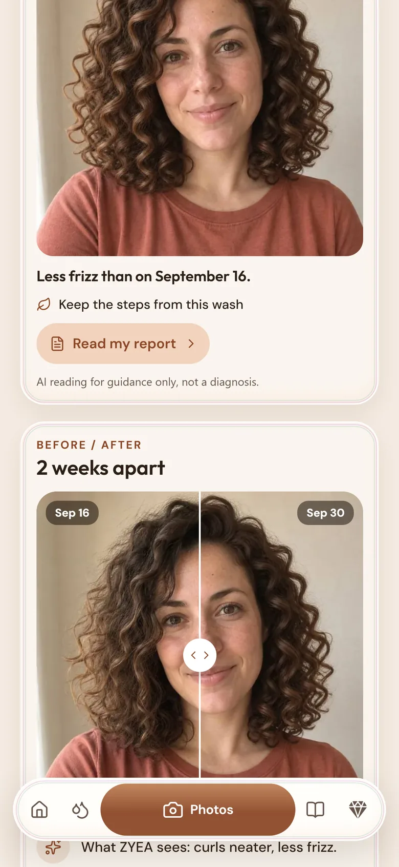 The Photos screen: this month’s photo, the Read my report button and two photos compared two weeks apart.