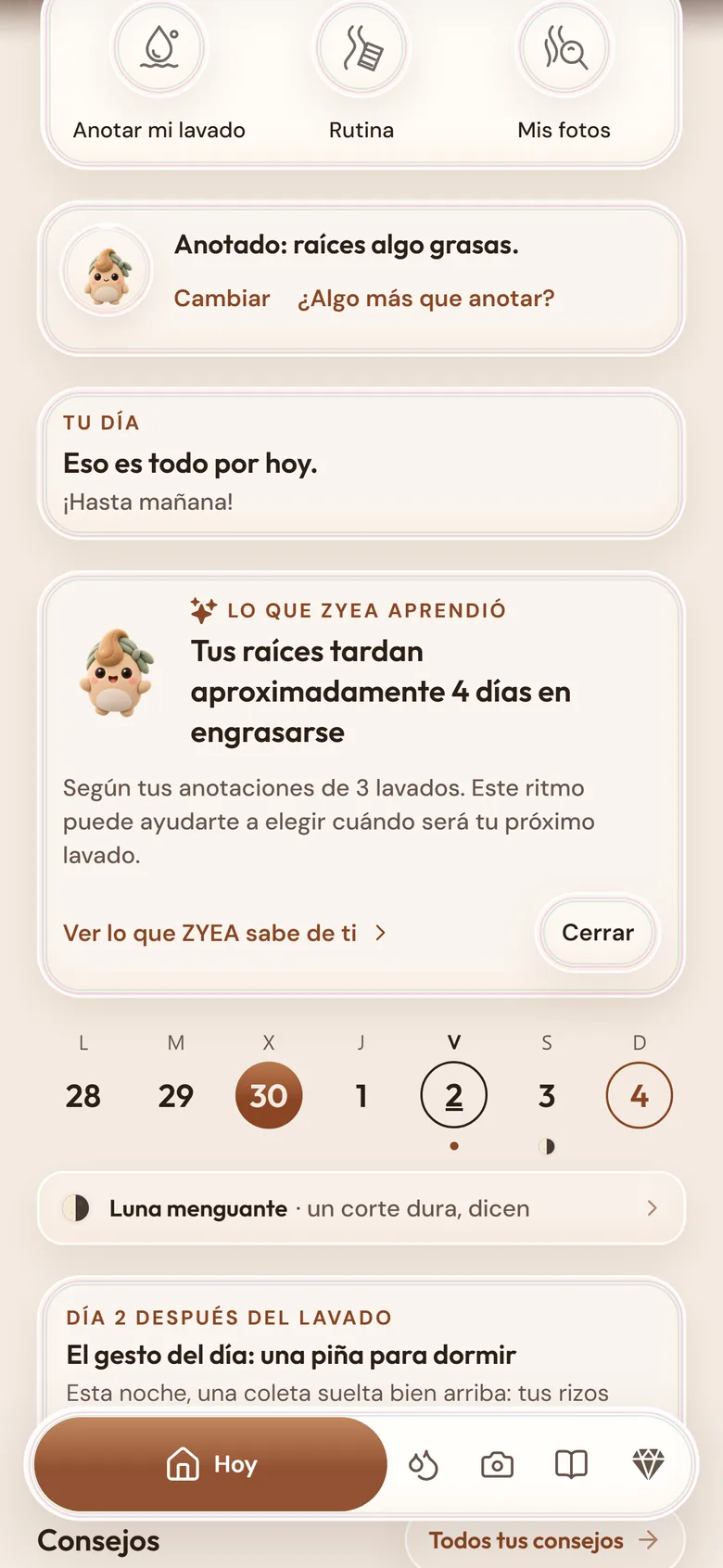 Una tarjeta de la pantalla Hoy: ZYEA ha aprendido que tus raíces aguantan unos 4 días.