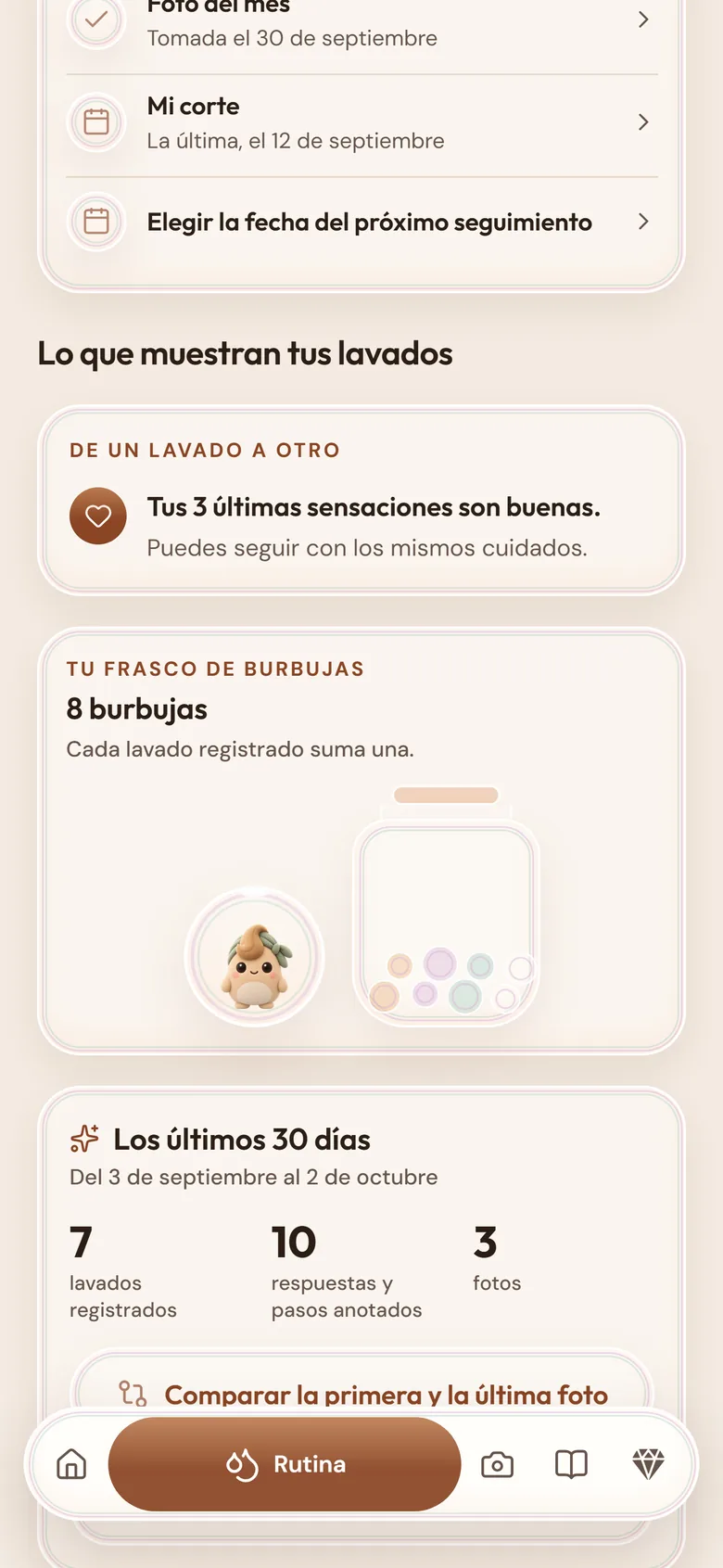 La pantalla Rutina: lo que revelan tus lavados, tu frasco de burbujas con 8 burbujas y tus últimos 30 días.