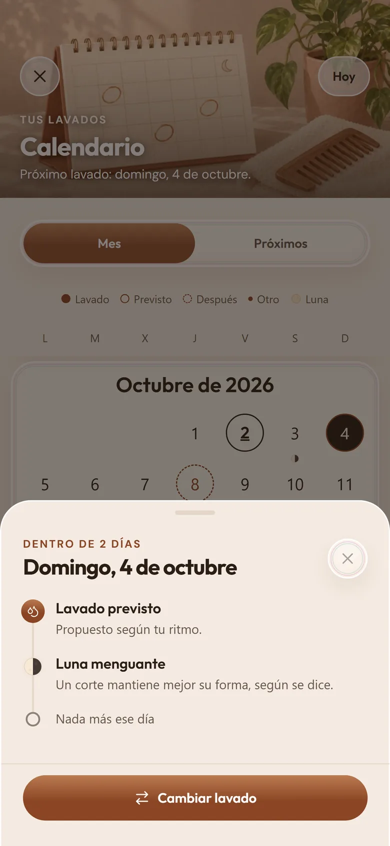 El calendario de octubre con el lavado previsto para el domingo 4, sugerido según tu ritmo, y la luna del día.