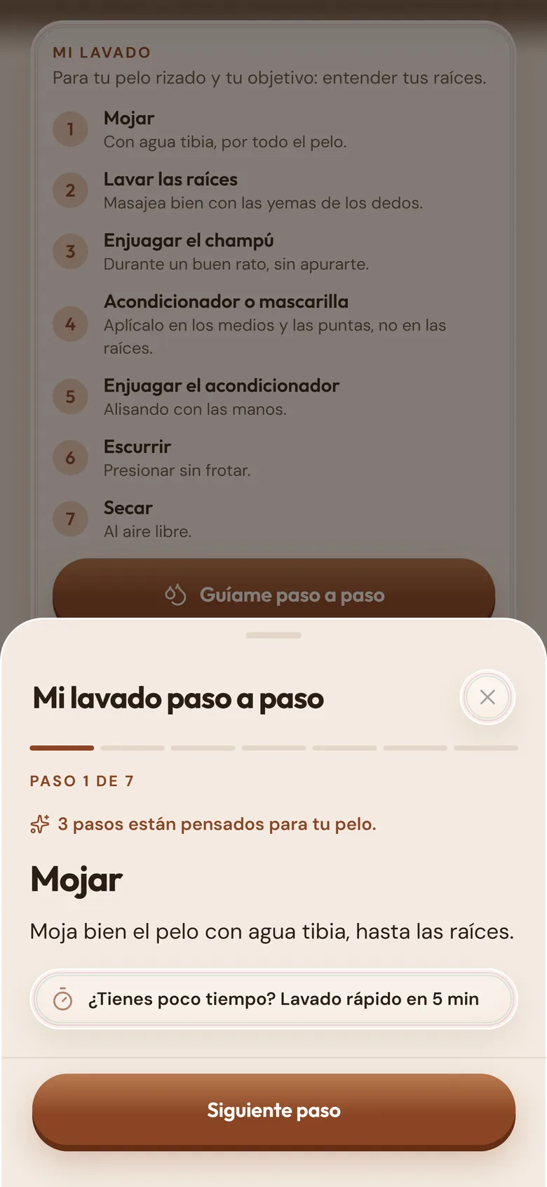 El lavado guiado, paso 1 de 7: mojar, con la opción de lavado rápido en 5 minutos.