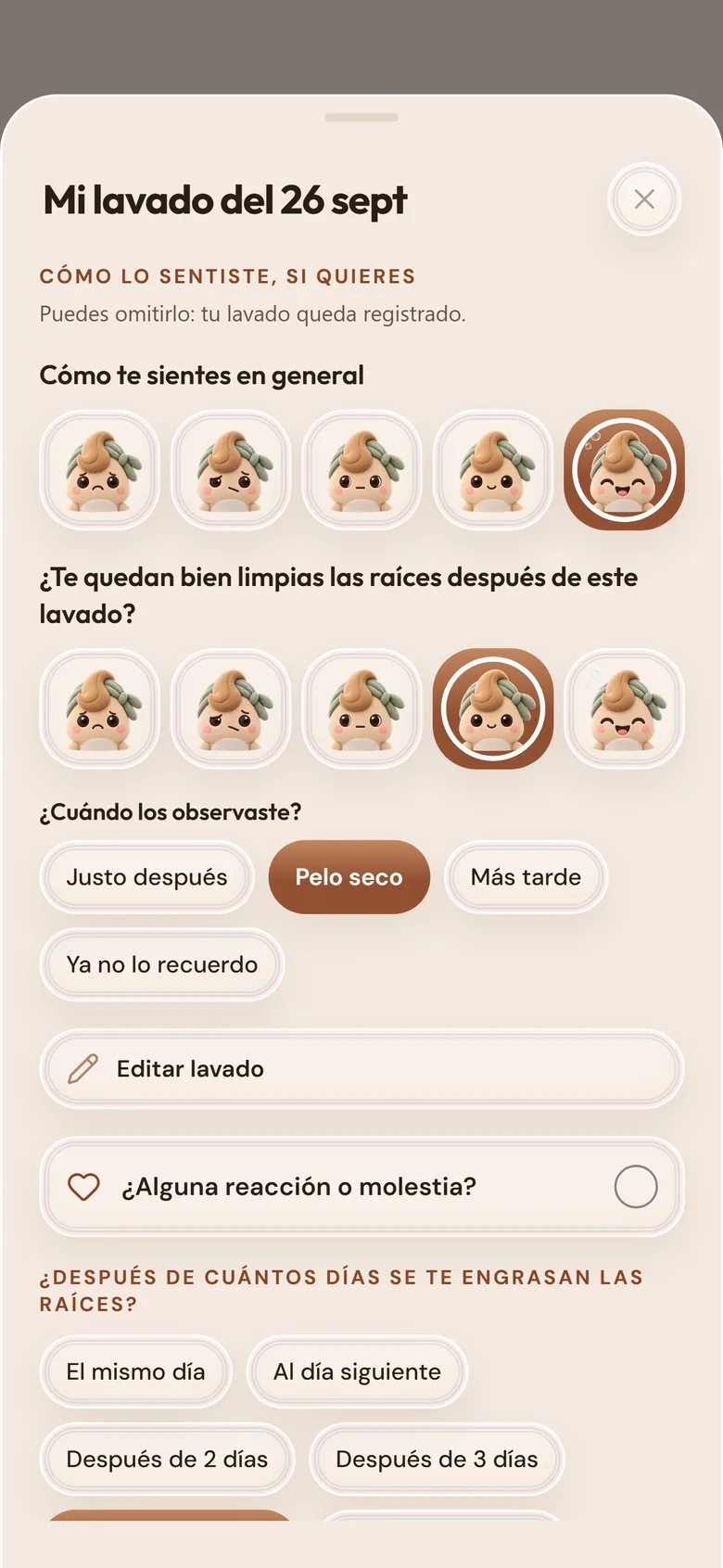 Cómo te sientes después de un lavado: toca una de las caras de la mascota e indica cuántos días tardan en engrasarse tus raíces.