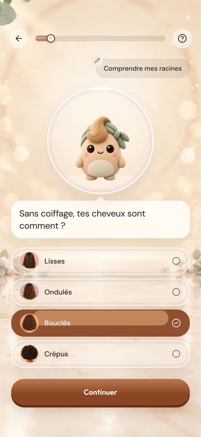 L’accueil de ZYEA demande : « Sans coiffage, tes cheveux sont comment ? », avec Lisses, Ondulés, Bouclés et Crépus.