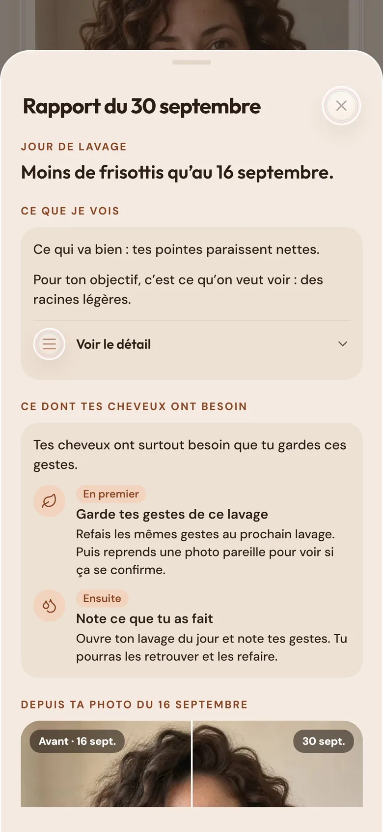 Le rapport d’une photo : ce que je vois, ce dont tes cheveux ont besoin et les gestes à garder.