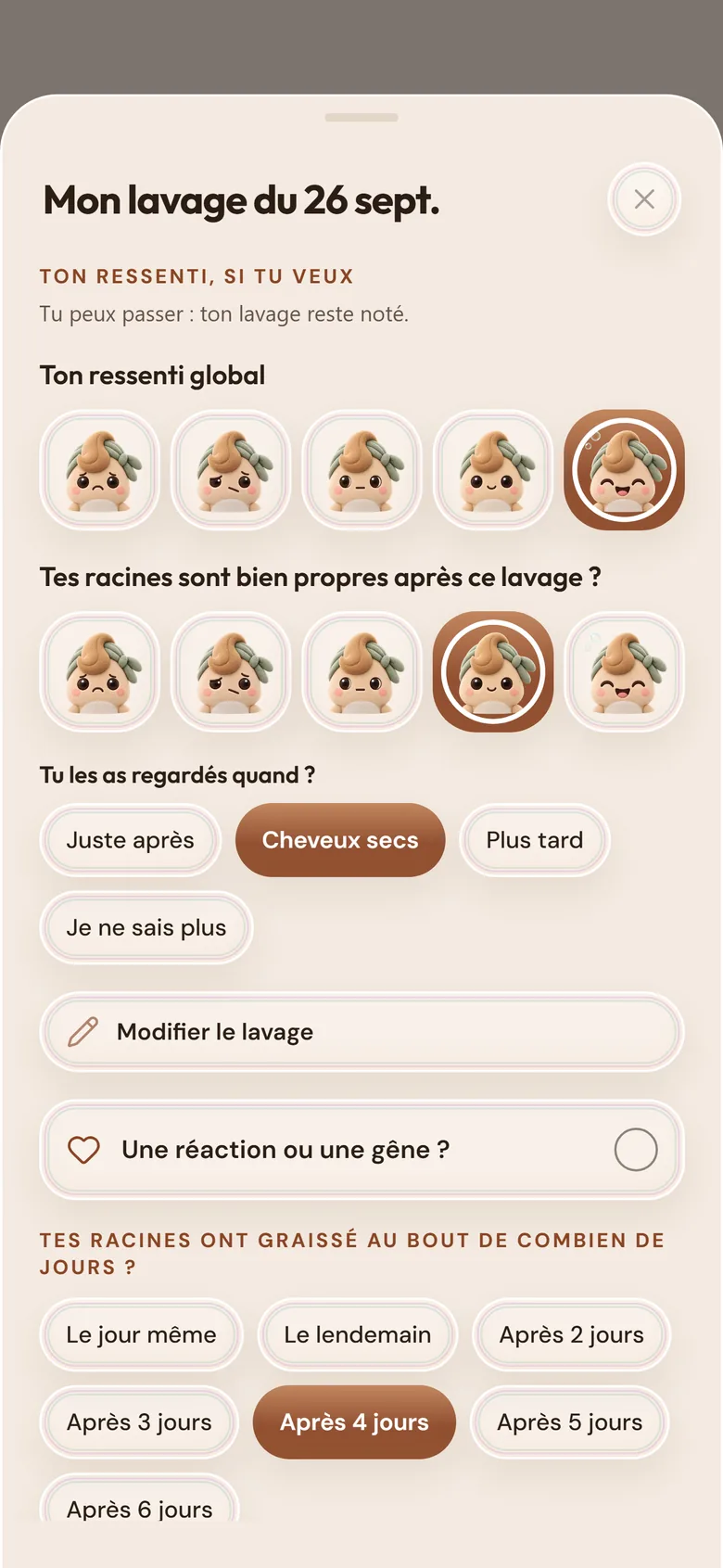 Le ressenti après un lavage : des visages de la mascotte à toucher, et le nombre de jours avant que les racines graissent.