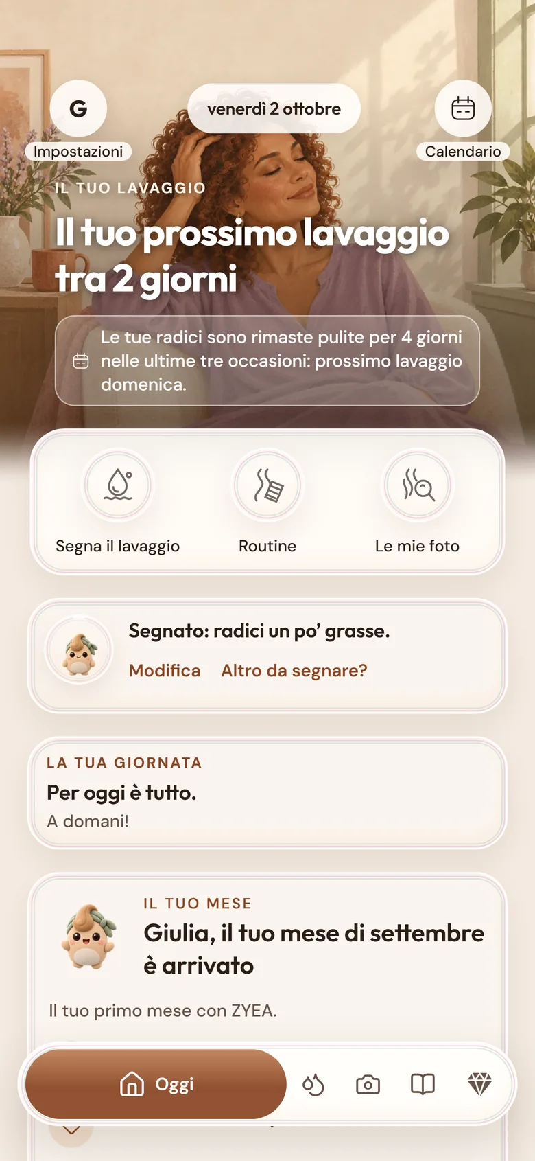 La schermata Oggi: il prossimo lavaggio tra 2 giorni e i pulsanti Segna il lavaggio, Routine e Le mie foto.