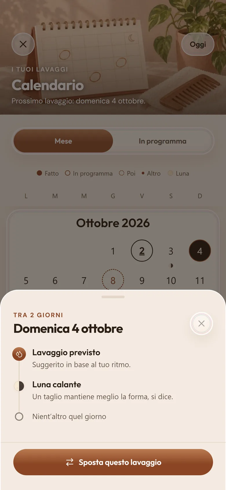 Il calendario di ottobre con il lavaggio previsto per domenica 4, suggerito in base al tuo ritmo, e la luna del giorno.