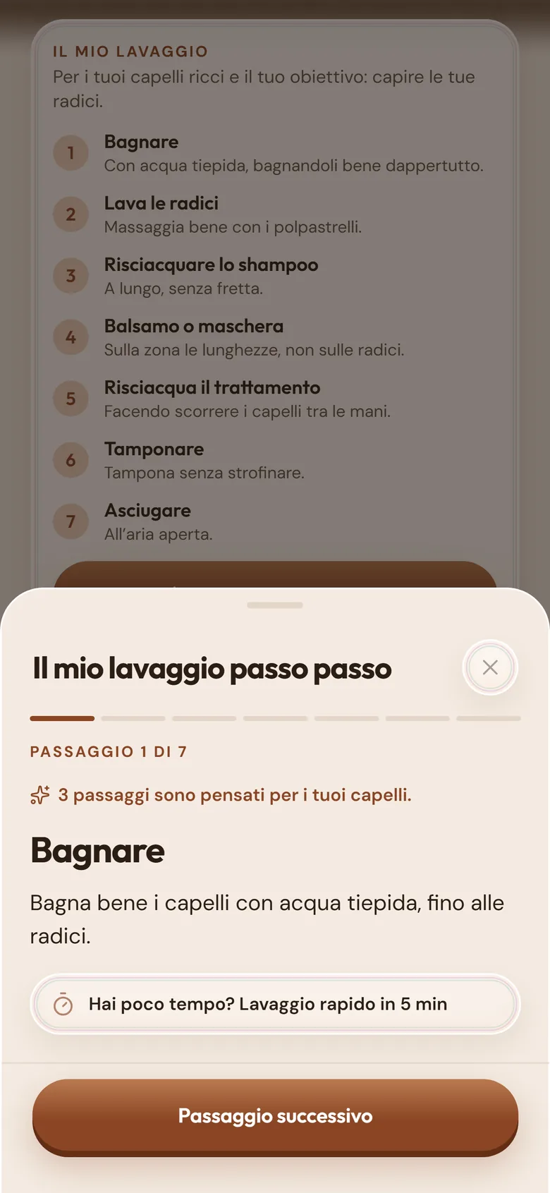 Il lavaggio guidato, passaggio 1 di 7: bagnare, con l’opzione del lavaggio rapido in 5 minuti.