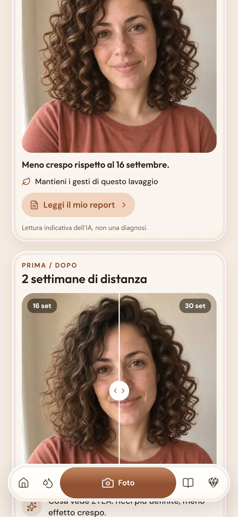 La schermata Foto: la foto del mese, il pulsante Leggi il mio report e due foto confrontate a due settimane di distanza.