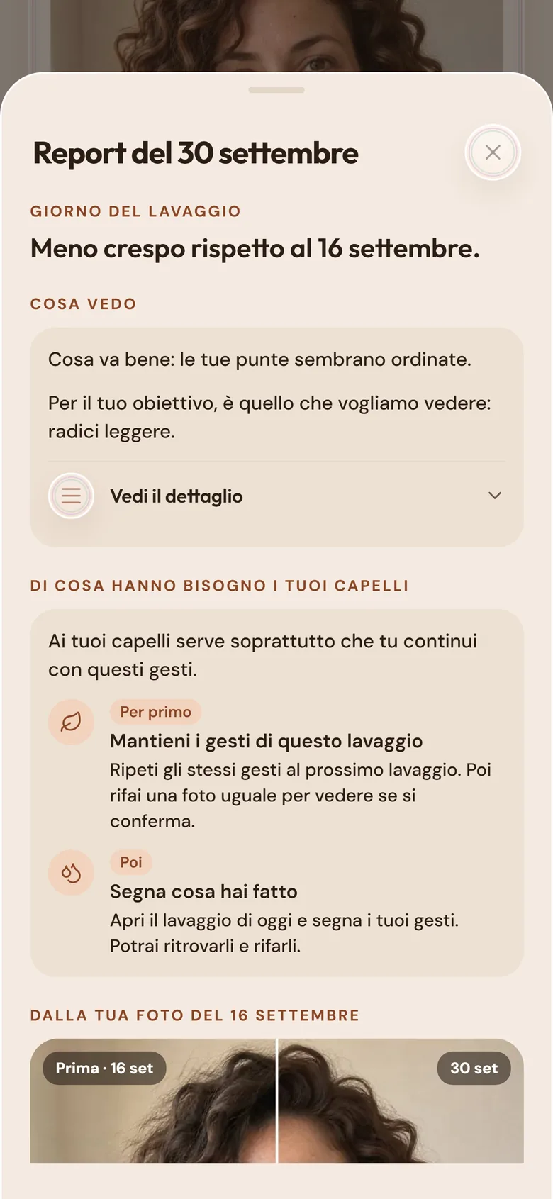 Il rapporto di una foto: cosa vedo, di cosa hanno bisogno i tuoi capelli e quali gesti mantenere.