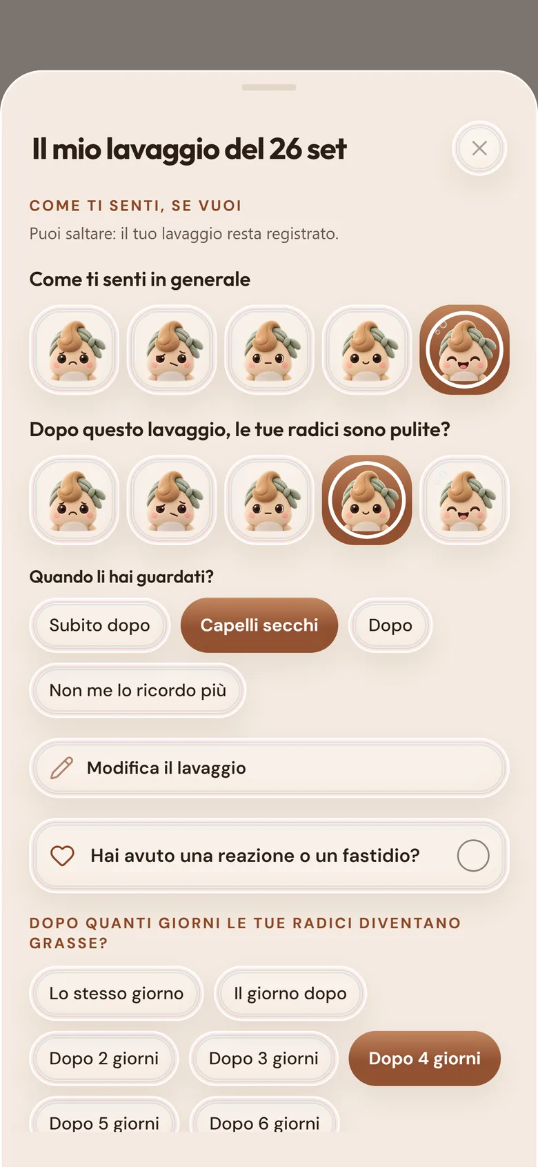 Come ti senti dopo un lavaggio: tocca una delle faccine della mascotte e indica dopo quanti giorni si ungono le radici.
