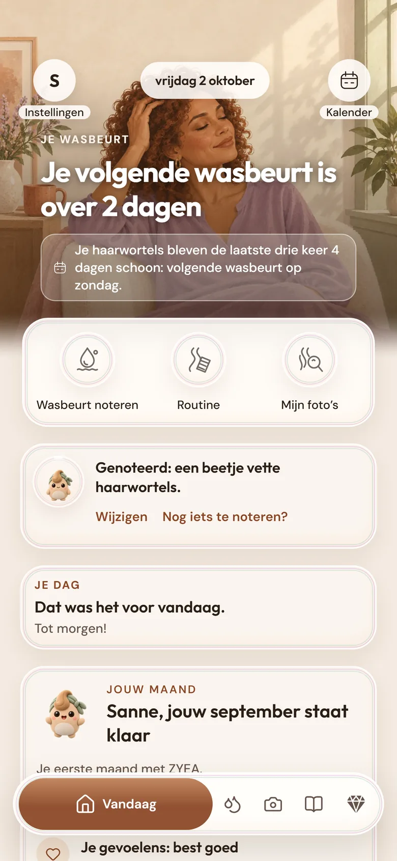 Scherm Vandaag: je volgende wasbeurt over 2 dagen en de knoppen Wasbeurt noteren, Routine en Mijn foto’s.