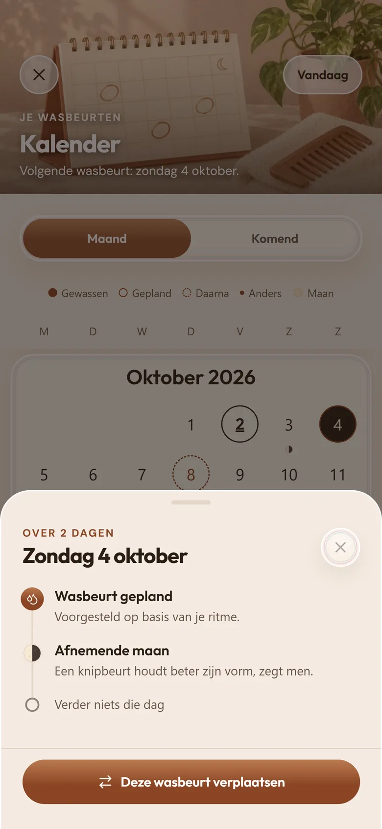 De kalender van oktober met een wasbeurt gepland op zondag 4, voorgesteld op basis van je ritme, en de maan van vandaag.