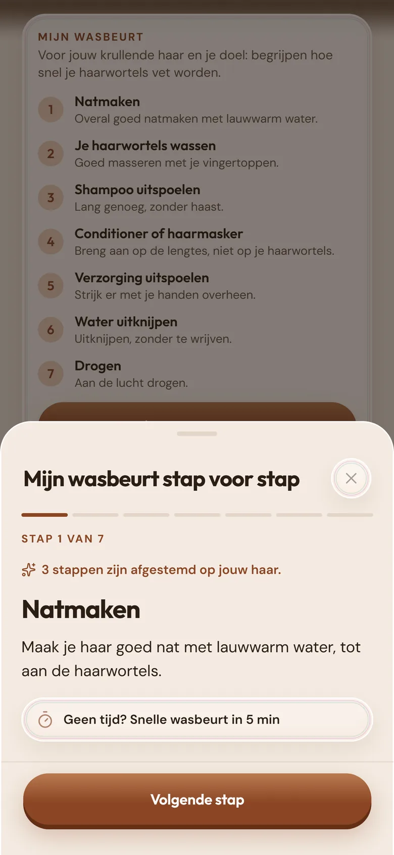 Begeleide wasbeurt, stap 1 van 7: natmaken, met de optie voor een snelle wasbeurt van 5 minuten.