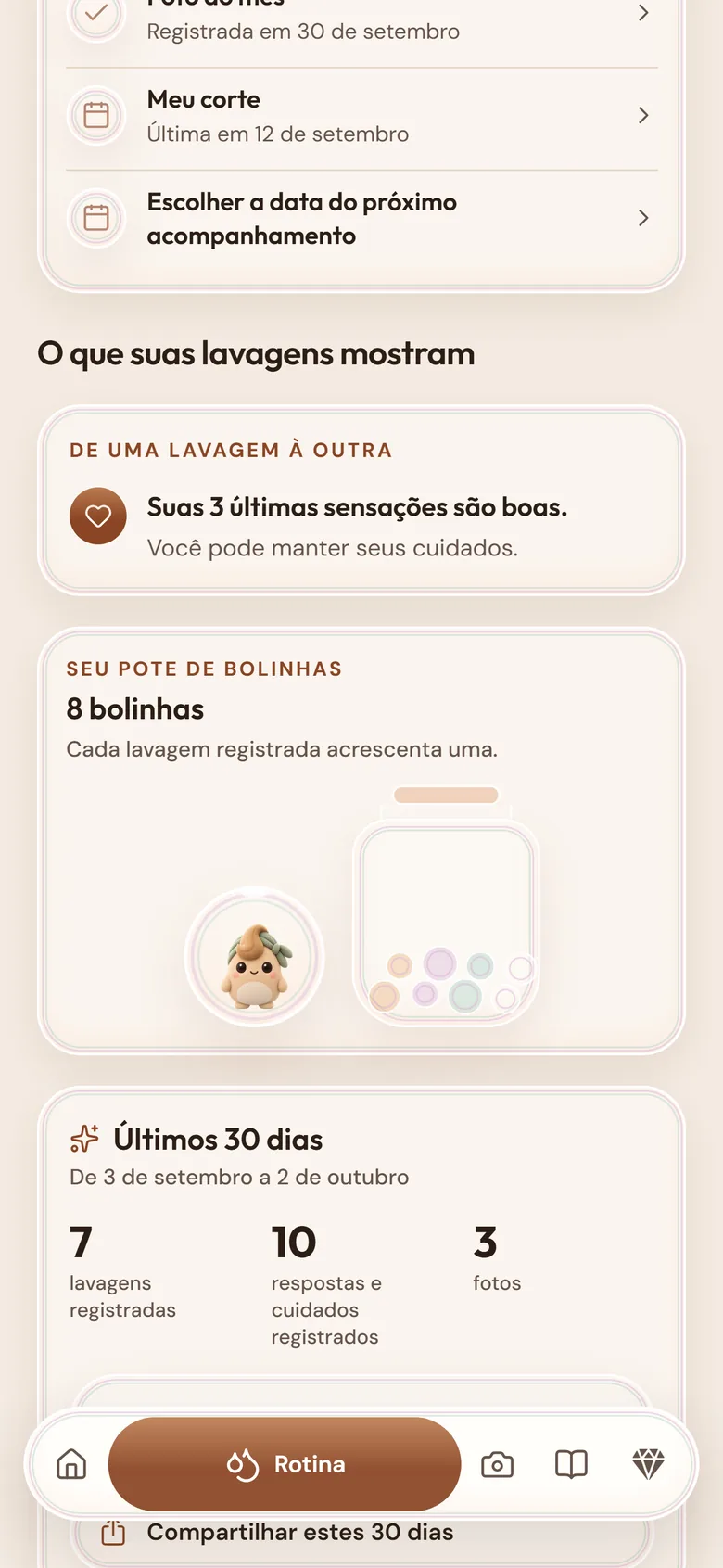 Tela Rotina: o que suas lavagens mostram, seu pote de bolhas com 8 bolhas e seus últimos 30 dias.