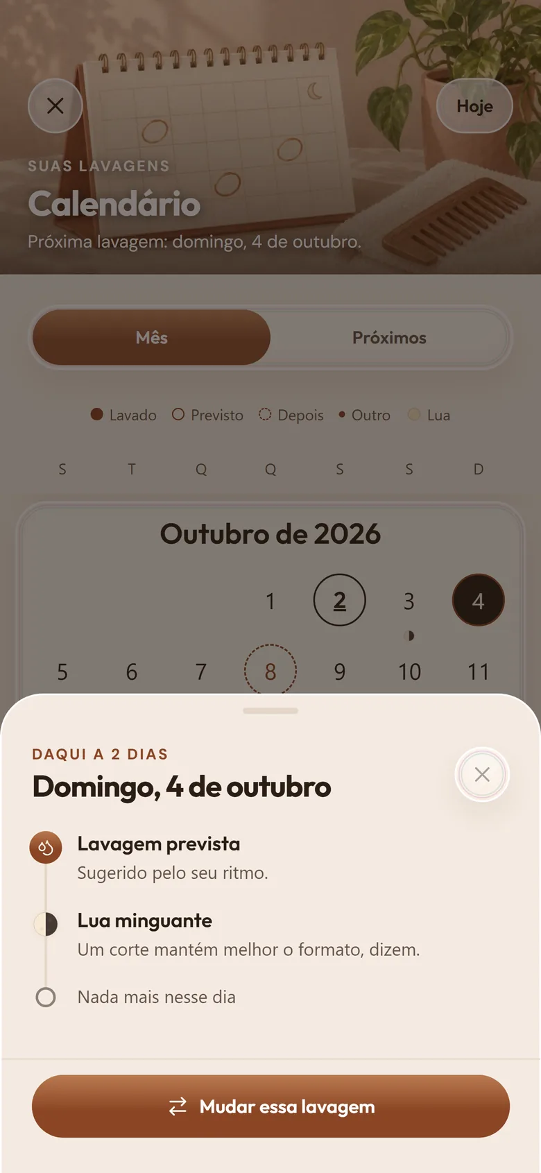 Calendário de outubro com lavagem prevista para domingo, dia 4, sugerida com base no seu ritmo, e a lua do dia.