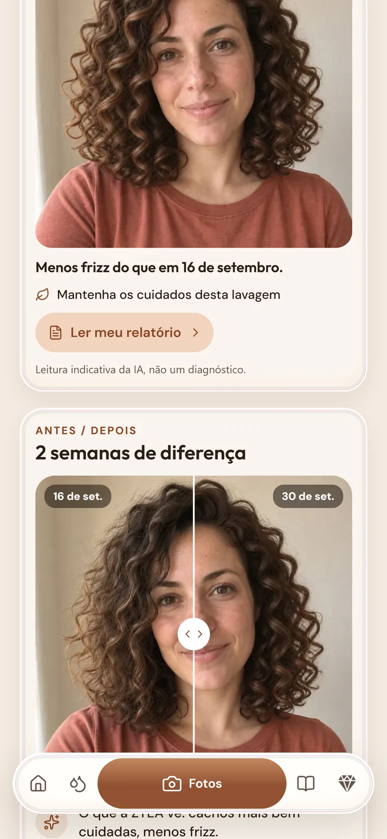 Tela Minhas fotos: a foto do mês, o botão Ler meu relatório e duas fotos comparadas com duas semanas de diferença.