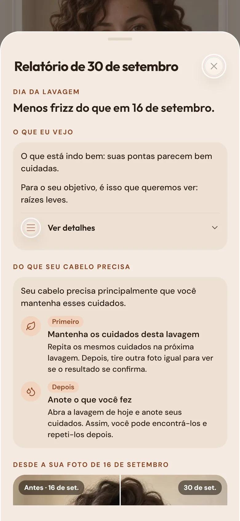 Relatório de uma foto: o que percebi, do que seu cabelo precisa e quais cuidados manter.