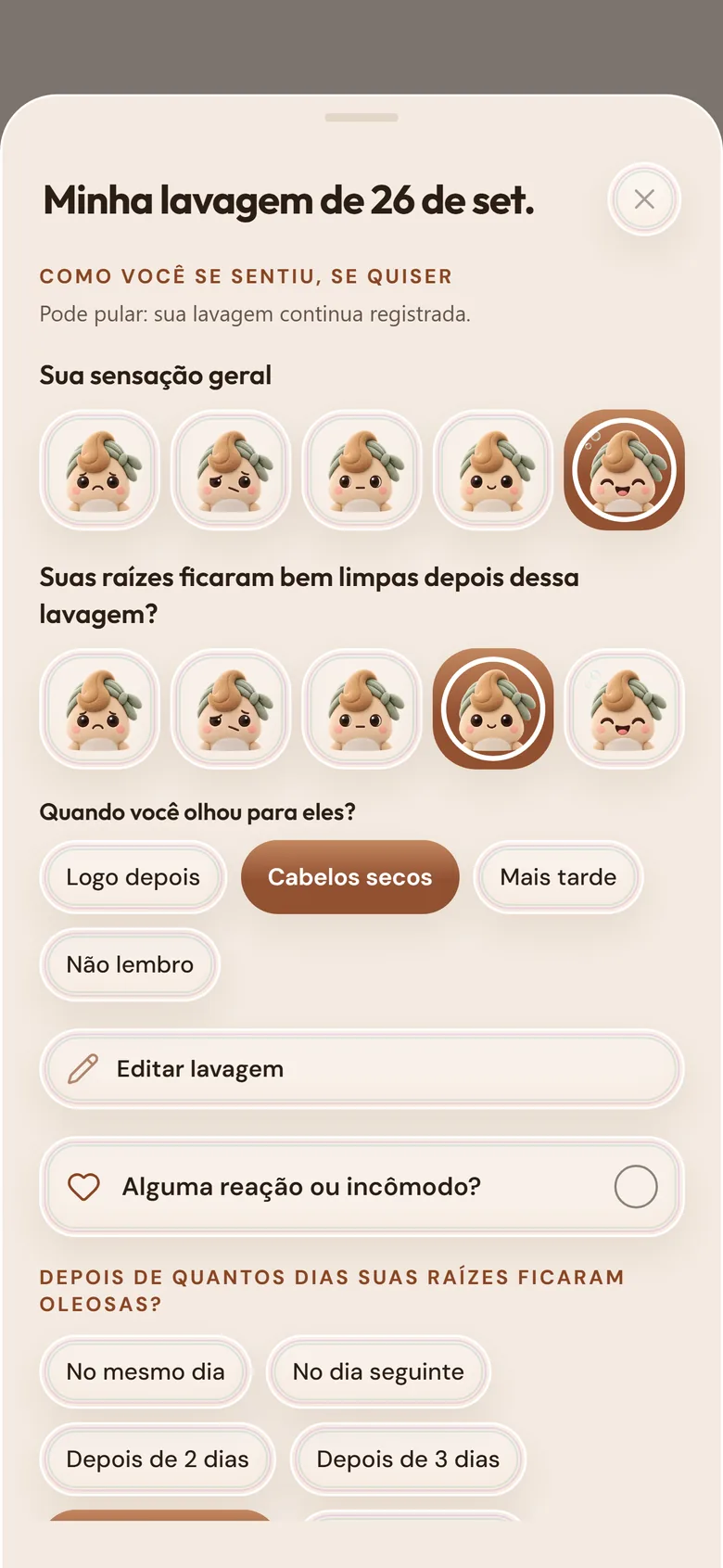 Como foi a lavagem: carinhas da mascote para tocar e o número de dias até as raízes ficarem oleosas.
