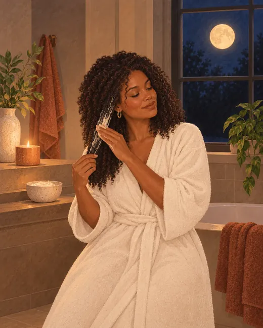 Une femme démêle ses cheveux le soir, devant une fenêtre où brille la pleine lune.
